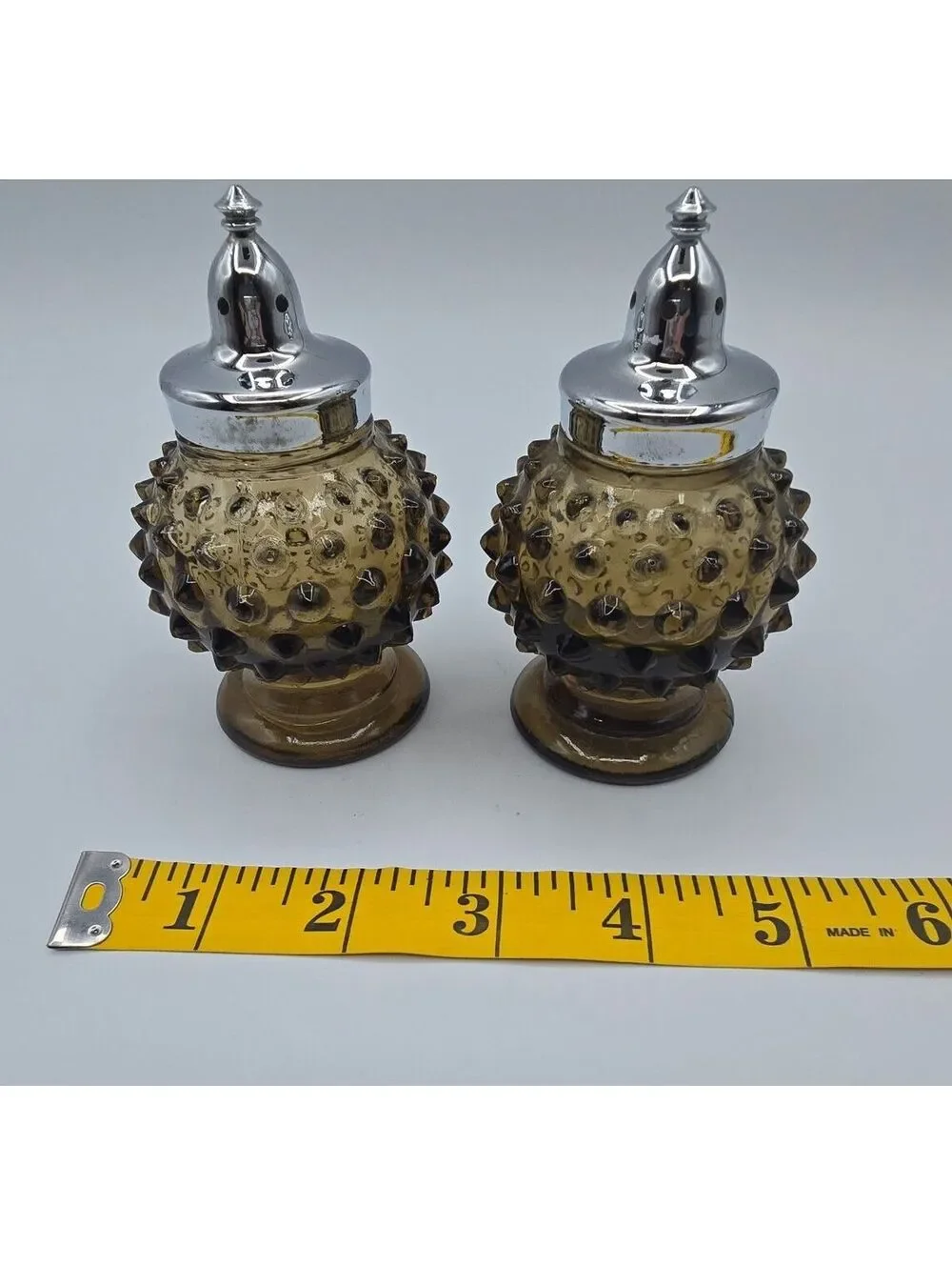 Vintage Imperial Glass Nutmeg Brown Hobnail Salt Pepper Shakers IG Marked